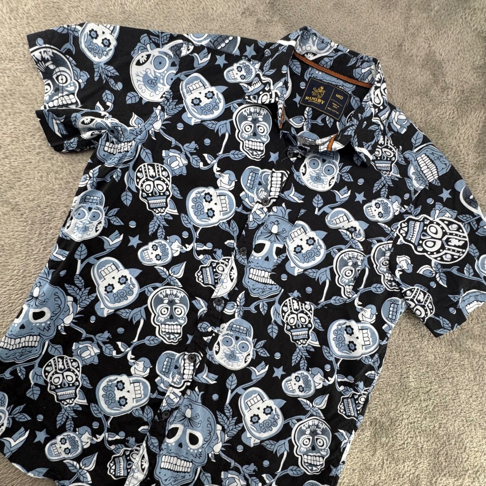 Rugby University Button Down Shirt Mens Medium Black Blue Sugar Skull Cotton EXC